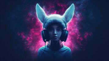 AI Generated A girl wearing headphones and a bunny ears costume, AI photo