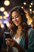 ai generado hermosa mujer es disfrutando el emoción de utilizando un Teléfono móvil foto