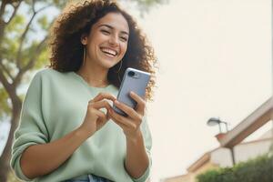 ai generado hermosa mujer es disfrutando el emoción de utilizando un Teléfono móvil foto