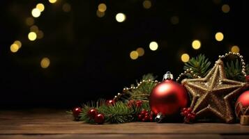 AI Generated Christmas decorations on a wooden table with bokeh lights in the background, AI photo