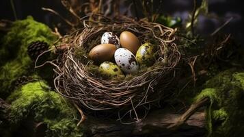 ai generado un nido lleno con Tres huevos y musgo, ai foto