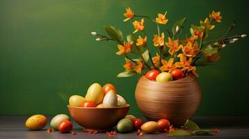 AI Generated A wooden bowl filled with eggs and flowers, AI photo