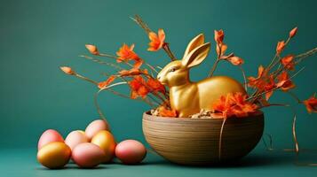 AI Generated A golden bunny sitting in a wooden bowl next to eggs, AI photo