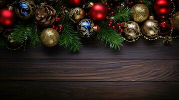 AI Generated A wooden table topped with christmas ornaments and pine cones, AI photo