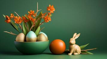 AI Generated A green bowl filled with easter eggs and a bunny figurine, AI photo