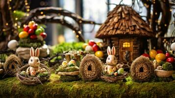 AI Generated A table topped with a bunch of small figurines of bunnies, AI photo