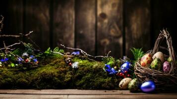 AI Generated A moss covered log with eggs and christmas decorations, AI photo
