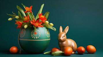 AI Generated A green vase with orange flowers and a gold bunny figurine, AI photo