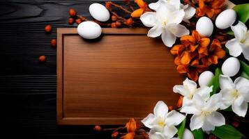 AI Generated A wooden plaque surrounded by flowers and eggs, AI photo