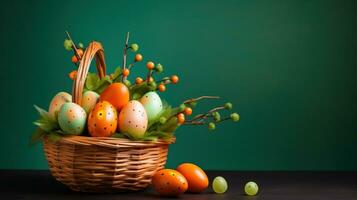 AI Generated A basket filled with eggs and berries on a table, AI photo