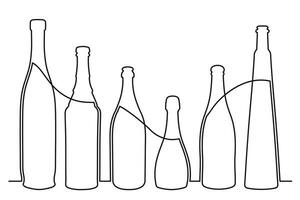 Sketch drawing of a bottle of different shapes in the style of one solid continuous line. Collection of alcoholic drinks vector