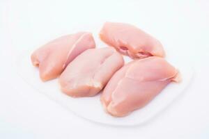 AI Generated Four pieces of raw chicken on a white plate, AI photo