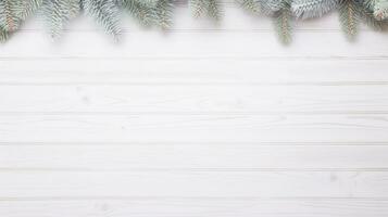 AI Generated A white wooden background with pine branches and snow flakes, AI photo