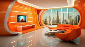 AI Generated A living room with orange furniture and a large window, AI photo