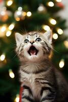 AI Generated An astonished kitten sitting in front of a christmas tree, AI photo