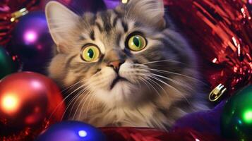 ai generado un gato sentado en un pila de Navidad adornos, ai foto