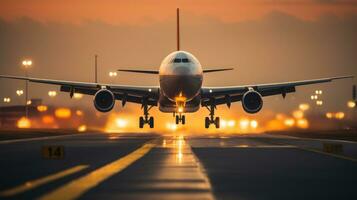 ai generado un grande avión de reacción tomando apagado desde un aeropuerto pista, ai foto