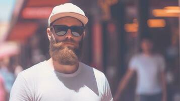 ai generado un hombre con un barba vistiendo un sombrero y Gafas de sol, ai foto