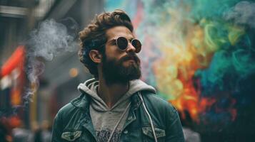 AI Generated A man with a beard and sunglasses smoking a cigarette, AI photo