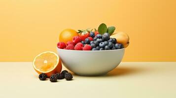 AI Generated A bowl of fruit sitting on a table, AI photo