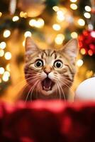 ai generado un gato con sus boca abierto mirando a un Navidad ornamento, ai foto