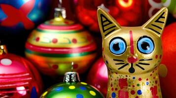 AI Generated A close up of a cat figurine surrounded by ornaments, AI photo