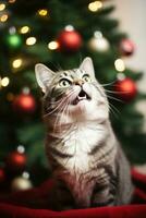 AI Generated A gray and white cat sitting in front of a christmas tree, AI photo