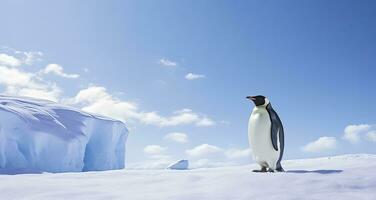 AI generated Penguin standing in Antarctica looking into the blue sky. AI Generated photo