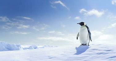 AI generated Penguin standing in Antarctica looking into the blue sky. AI Generated photo
