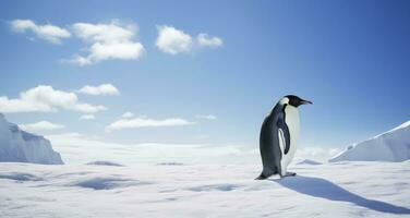 AI generated Penguin standing in Antarctica looking into the blue sky. AI Generated photo