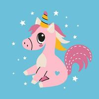 Cute cartoon magic unicorn on a blue background. Vector design. Hand drawing illustration for children.