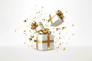 AI generated Merry New Year and Merry Christmas 2024 white gift boxes with golden bows and gold sequins confetti on white background. AI Generated photo