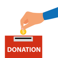 Hand putting a COIN in a donation box. Charity and philanthropy concept in a flat graphics style. png