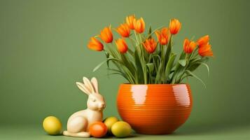 ai generado un florero con naranja flores y un conejito figurilla siguiente a él, ai foto