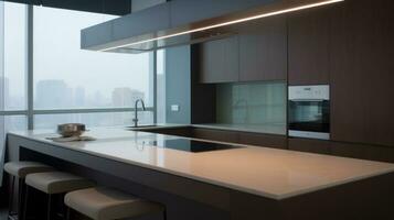 AI Generated A modern kitchen with a large window overlooking the city, AI photo