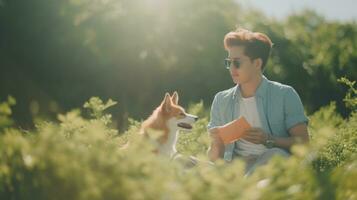 AI Generated A man sitting in a field with a dog, AI photo
