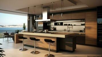 AI Generated A modern kitchen with a large island and bar stools, AI photo