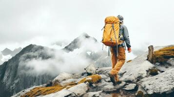 AI Generated A person with a backpack standing on top of a mountain, AI photo