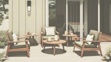 AI Generated A group of chairs and tables on a patio, AI photo