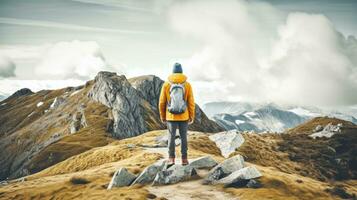 AI Generated A person standing on top of a mountain with a backpack, AI photo