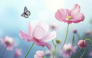 ai generado Fresco primavera Mañana en naturaleza y revoloteando mariposas en un suave verde antecedentes. generativo ai foto