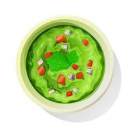 Guacamole sauce in a round bowl on a white background, top view. vector