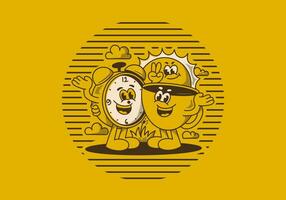 Morning time, coffee time. Mascot character of coffee cup, alarm clock and a sun vector