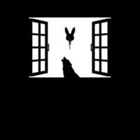 Wolf and Flying Bloody Rabbit Head on the Window Silhouette, Dramatic, Creepy, Horror, Scary, Mystery, or Spooky Illustration. Art Illustration for Horror Movie Film or Halloween Poster Element. vector