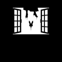 Hanging Bloody Woman Legs and Flying Bloody Rabbit Head on the Window Silhouette, Dramatic, Creepy, Horror, Scary, Mystery, or Spooky Illustration. Art Illustration for Horror Movie Film or Halloween vector
