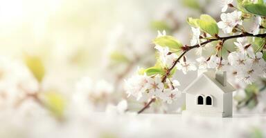 AI generated Toy house and cherry flowers, spring abstract natural background. Generative AI photo