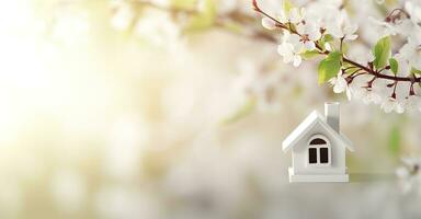 AI generated Toy house and cherry flowers, spring abstract natural background. Generative AI photo