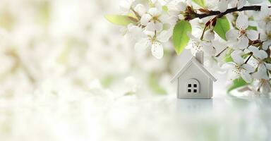 AI generated Toy house and cherry flowers, spring abstract natural background. Generative AI photo