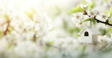 AI generated Toy house and cherry flowers, spring abstract natural background. Generative AI photo