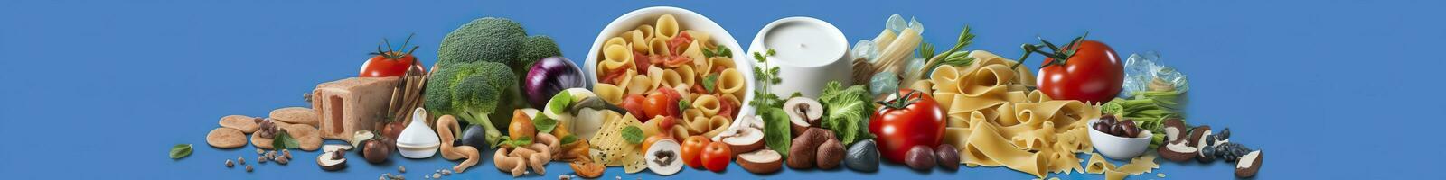 AI generated Web page banner of famous Italian food recipes on clean blue background. AI Generated photo